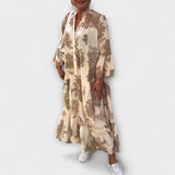 Nerina - Elegantes Maxikleid mit Blumenmuster – Khaki