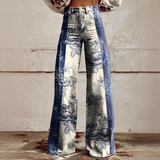 Shelley - Bequeme Weitbeinige Bedruckte Jeans – Blau / Weiß
