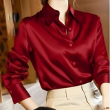Elegantes Satin-Hemdblusenshirt für Damen | Lange Ärmel – Rot