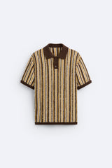 Retro Strick-Poloshirt mit Streifenmuster – Khaki