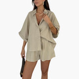 Zweiteiliges Set - Damenbluse und Shorts für Sommertage – Khaki