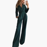 Damen-Jumpsuit mit langen Ärmeln, V-Ausschnitt und voller Länge – Grün
