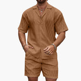 Herren Zweiteiler Set aus leichter Stoff mit Hemd und Shorts – Dunkelbraun