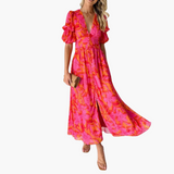 Elegantes Maxikleid für Damen - V-Ausschnitt & Puffärmeln – Rot und Rose