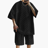 Herren Sommer Zweiteiler mit Jacquard Shirt und Shorts – Schwarz