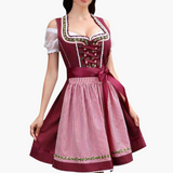 Oktoberfest Dirndl 2025 mit Spitzenbesatz und Karoschürze für Damen – Rot