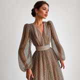 Emina - Stilvolles V-Ausschnitt Kleid mit langen Ärmeln – Khaki