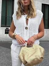 Eleganter ärmelloser, cropped Strickcardigan mit Taschen – Weiß