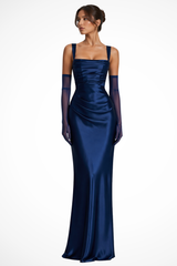 Vivienne | Women Square Neck Ruched Satin Maxi Wedding Guest Dress – Marineblau