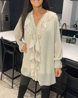 Aurora - Lange Bluse mit V-Ausschnitt – Beige