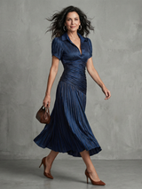 Theodora | Plissierter Taillenstreifen Midi-Kleid – Blau