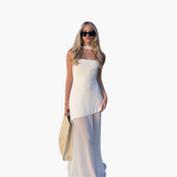 Schulterfreies Abendkleid für Damen - Maxi mit hohem Schlitz – Weiß