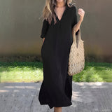 Leeann - Sommerliches Maxikleid mit luftigem V-Ausschnitt – Schwarz