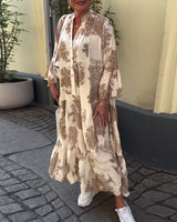 Aufidia Blumenkleid für Damen mit Floralem Muster – Elegantes, Fließendes Design für Jeden Anlass – Khaki