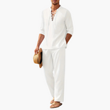 Boho Two-Piece Set for Men - Summer Lace-Up Shirt & Pants – Weiß
