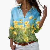 Blumendruck Damen - Bluse mit Knopfleiste und V-Ausschnitt – Gelb