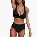 Bikini-Set mit hoher Taille - Damen V-Ausschnitt Design – Schwarz