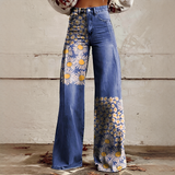 Shelley - Bequeme Weitbeinige Bedruckte Jeans – Blau / Gelb