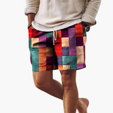Herren Badeshorts mit elastischem Bund und mehrfarbigem Blockmuster – Rot