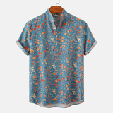 Leo | Verspieltes Kurzarmhemd mit Vintage-Blumenmuster – Blau