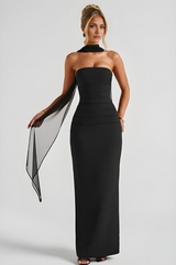 Deborah - Strapless Bandage-Maxikleid mit Chiffon-Halterdrape – Schwarz