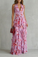 Belladina Verzauberndes Rosen-Kaskaden-Halter-Maxikleid – Rosa
