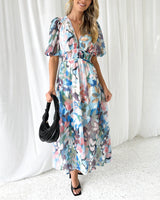 Damen Maxikleid aus Viskose mit Blumenmuster und V-Ausschnitt – Blau