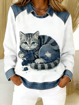 Eponin – Retro Katzen Jeansstoff Flickwerk Sweatshirt – Weiß