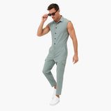 Ärmelloser Jumpsuit für Männer mit Cargotaschen und Knopfleiste – Graublau