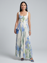 Ophelia | Ärmelloses Midi-Kleid mit quadratischem Ausschnitt und Blumenmuster – Weiß