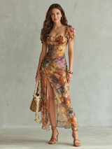 Ciel | Rüschensleeve Raffung Schlitz Midi Kleid – Mehrfarbig