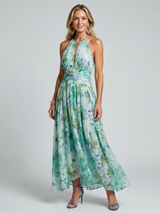 Portia | Plissiertes Halfter Kleid mit weichem Blumenmuster in Midi-Länge – Grün