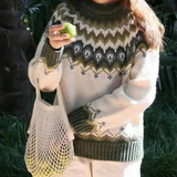Norweger Grobstrickpullover Damen | Winterpullover Mit Rundhalsausschnitt – Khaki
