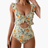Badeanzug Damen - Floraler Einteiler mit Rüschen & Cut-Out – Elfenbein
