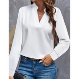 Damen Bluse Langarm | V-Ausschnitt und klare Frontgestaltung – Weiß