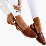 Geflochtene Leder Slingbacks für Damen - Flache Sommerschuhe – Dunkelbraun