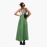 Leichtes V-Ausschnitt Maxi-Kleid für Frauen - Farbblock Design – Grün