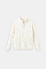 Eleganter Zopfstrickpullover mit Reißverschluss – Weiß