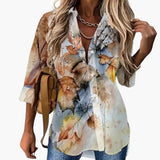 Bluse mit Blumenmuster - Damen Freizeitlook mit Kontrast – Beige mit mehrfarbigem Blumenmuster