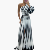 Gestreiftes One-Shoulder - Damen Maxikleid mit Schlitz elegant – Weiß