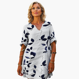 Sommerkleid für Damen - Blättermuster, locker & V-Ausschnitt – Weiß