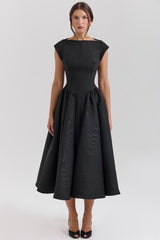 Damen Kurzarm Midi Hochzeitsgast Kleid – Schwarz