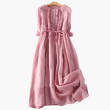 Elegantes langes Kleid für Frauen - Knopfleiste und Bindegürtel – Rosa