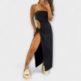 Winona - Bandeau-Tie Bodysuit-Kleid mit Seitenschlitzen – Schwarz