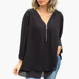 Halb-Zip Langarmshirt - Damen V-Ausschnitt Oberteil Casual – Schwarz
