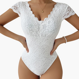 Bodysuit aus Spitze für Frauen - Eleganter V-Ausschnitt – Weiß