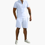 Herren Sommer-Zweiteiler mit Half-Zip-Shirt und Shorts – Weiß