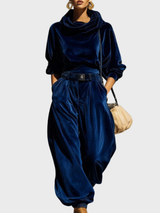 Skaidre - Vintage Samt Kapuzenpullover Und Lockere Hose Im Set – Blau