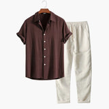 Herren Sommer-Zweiteiler mit Kurzarmhemd und Tapered-Hose – Kaffee braun