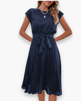 Damen Elegantes Plissee Kleid | Taille Schleife – Dunkel Blau